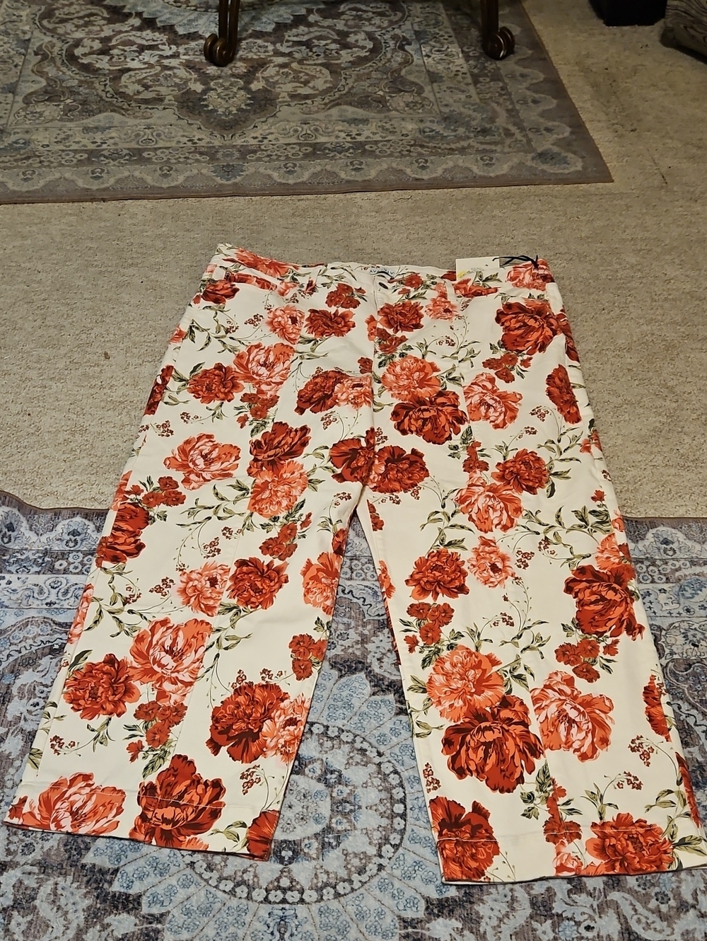 Ava & Viv Cream Wide Leg Jeans with Red-Pink Floral Print